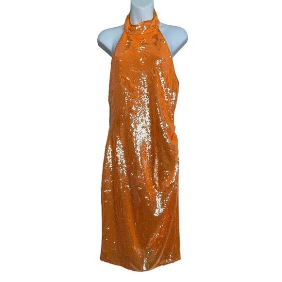 Caroline Constas Orange Sequin Halter‎ Midi Dress M Fairy Ethereal Statement - Picture 3 of 12